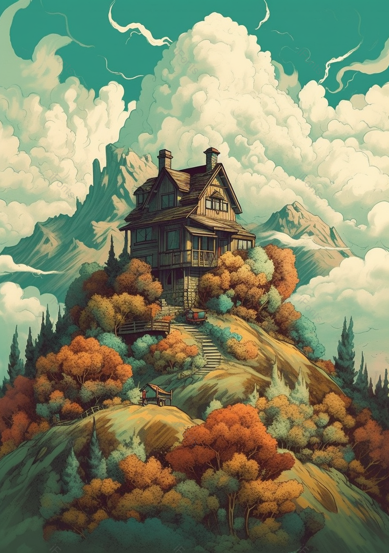 浓云阶梯山林山顶小屋插画背景,插画/手绘图,插画/手绘图库,插画/手绘图下载,插画/手绘